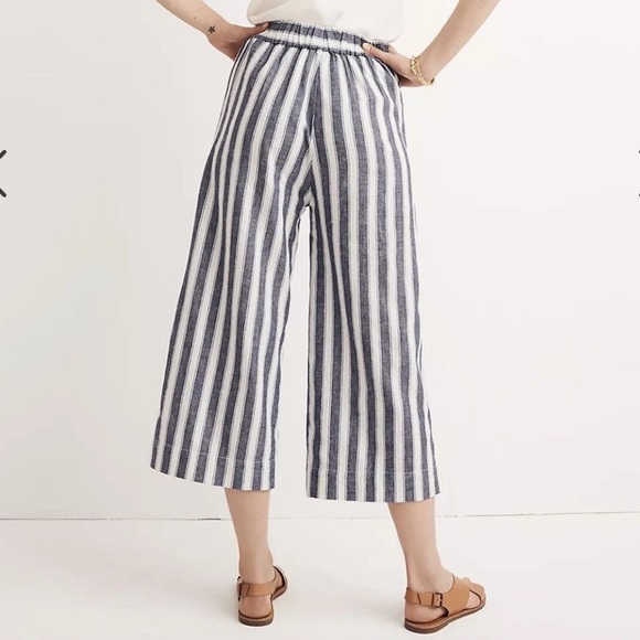 Madewell Huston Smocked Linen Blend Stripe Crop Pull On Pants - Picture 2 of 6